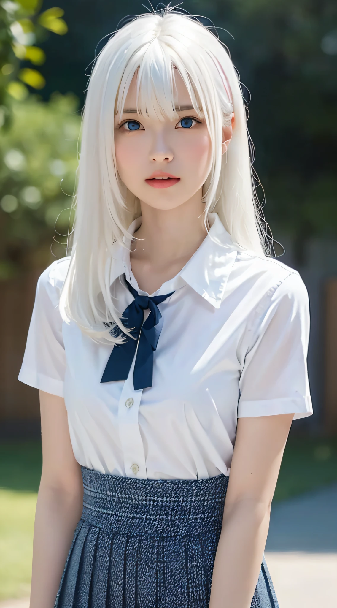 Masterpiece, Best Quality, (Realistic, Super Real, Super Reality:1.5), (Photography), 1girl, (Neat and Innocent Character, Gentle Atmosphere:1.2), ((White Color Hair, (Straight Very Long Moist Hair):1.5)), (Smile:0.8), (Tender eyes), Looking at Viewer, Cowboy Shot, Cinemagraph, BREAK (Perfect beauty, Very Porcelain Skin, Very Fair Skin, Fine and Beautiful Skin, Super Smart, (Faces with random and very beautiful details:1.4), (Symmetrical beautiful face, symmetrical beautiful eyes, (Blue Color Eyes:1.2), Fine Eyes Detail, Fine face:1.3), (Large Eyes, Hyper Detail Eyes, Very Clear Eyes:1.4),1womanl, up of face, Colossal tits,light brown hair, Blunt bangs, hair behind ear, hair over shoulder, Long hair, slender body shape, Ultra Fine Face, Thin face, Delicate lips, Beautiful eyes, thin blush, eyes are light brown, perfect glossy skin, flawless skin, Glistening sweat,View here, Ultra-thin hands, Ultra-fine fingers:realisitic:1.3), Broad-leaved forest, One-person viewpoint, Fuji Film, 8K, masutepiece, nffsw, Super Detail, High quality, Best Quality, hight resolution, ((Don't show your fingertips))、the golden hour　Beautiful light, (((Schoolgirl Uniform)))、(((White Short Sleeve Low Cut Front Button Shirt、Dark blue ribbon)))、((Ultra Micro Mini Dark Blue Pleated Skirt)) ((Colossal tits)) (((Positive image:1.3)))