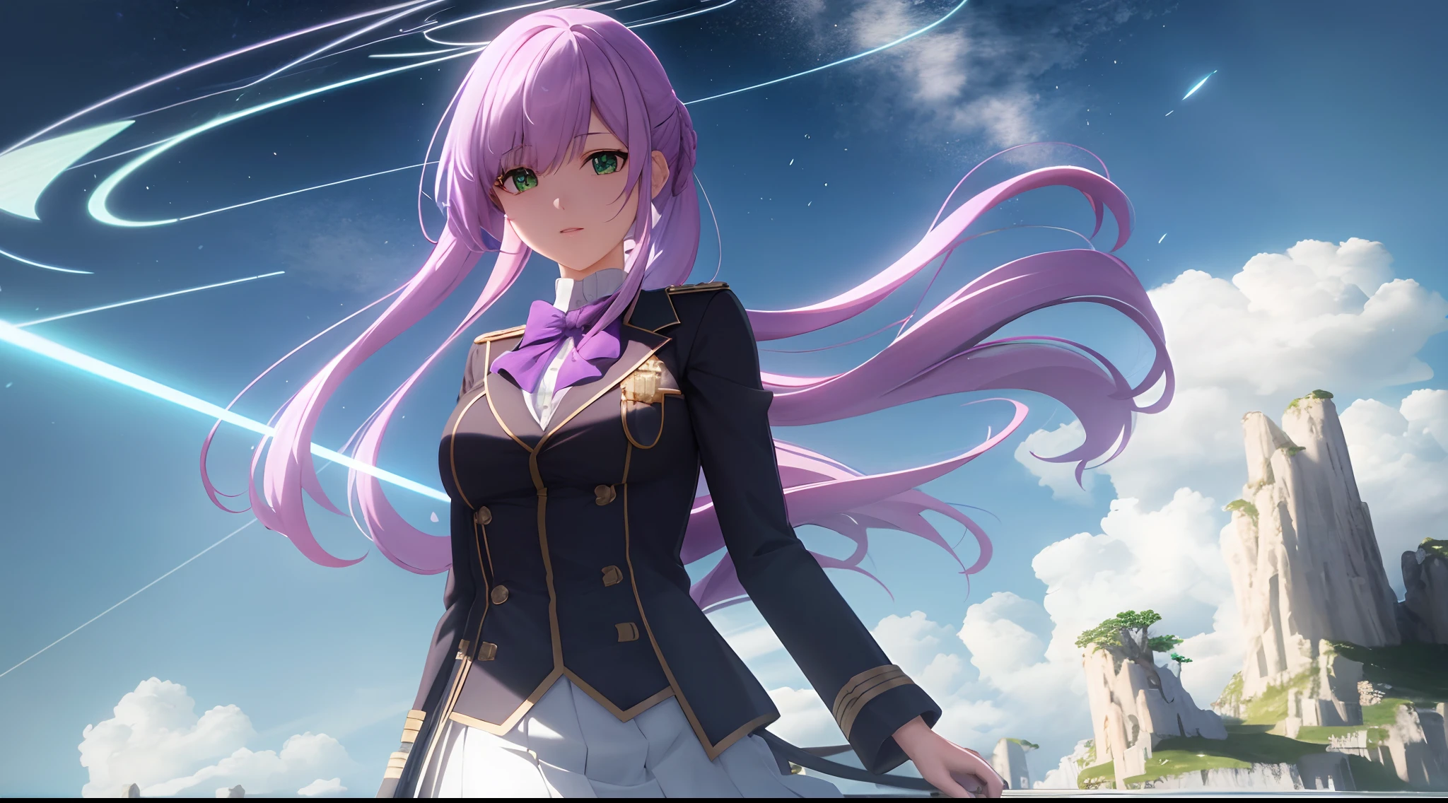 Athena with plain long light purple hair,hair between eyes,green eyes,rosy cheeks,full lips,thin eyebrows,slender body,wearing school coat and full long skirt,cute anime girl,full body,rocky cliff in background,anime style,Lumen Reflections,Screen Space Reflections,Diffraction Grading,Chromatic Aberration,GB Displacement,Scan Lines,Ray Traced,Anti-Aliasing,FXAA,TXAA,RTX,SSAO,Shaders,OpenGL-Shaders, GLSL-Shaders,Post Processing,Post-Production,cell Shading,Tone Mapping,CGI,VFX,SFX,insanely detailed and intricate, 4K,standing, solo, masterpiece, best quality, detailed face, detailed eyes, highres, standing, solo,masterpiece, best quality