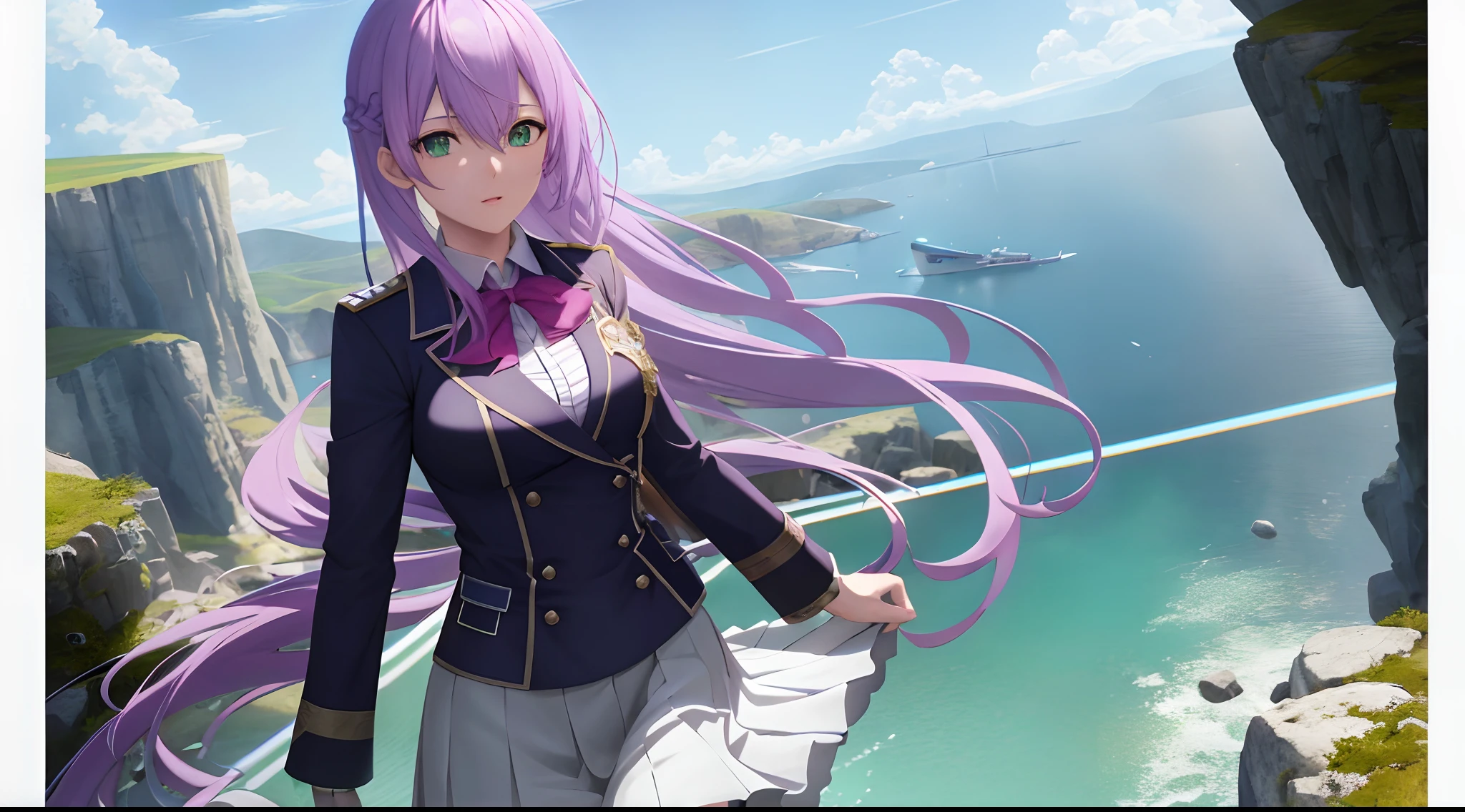 Athena with plain long light purple hair,hair between eyes,green eyes,rosy cheeks,full lips,thin eyebrows,slender body,wearing school coat and full long skirt,cute anime girl,full body,rocky cliff in background,anime style,Lumen Reflections,Screen Space Reflections,Diffraction Grading,Chromatic Aberration,GB Displacement,Scan Lines,Ray Traced,Anti-Aliasing,FXAA,TXAA,RTX,SSAO,Shaders,OpenGL-Shaders, GLSL-Shaders,Post Processing,Post-Production,cell Shading,Tone Mapping,CGI,VFX,SFX,insanely detailed and intricate, 4K,standing, solo, masterpiece, best quality, detailed face, detailed eyes, highres, standing, solo,masterpiece, best quality