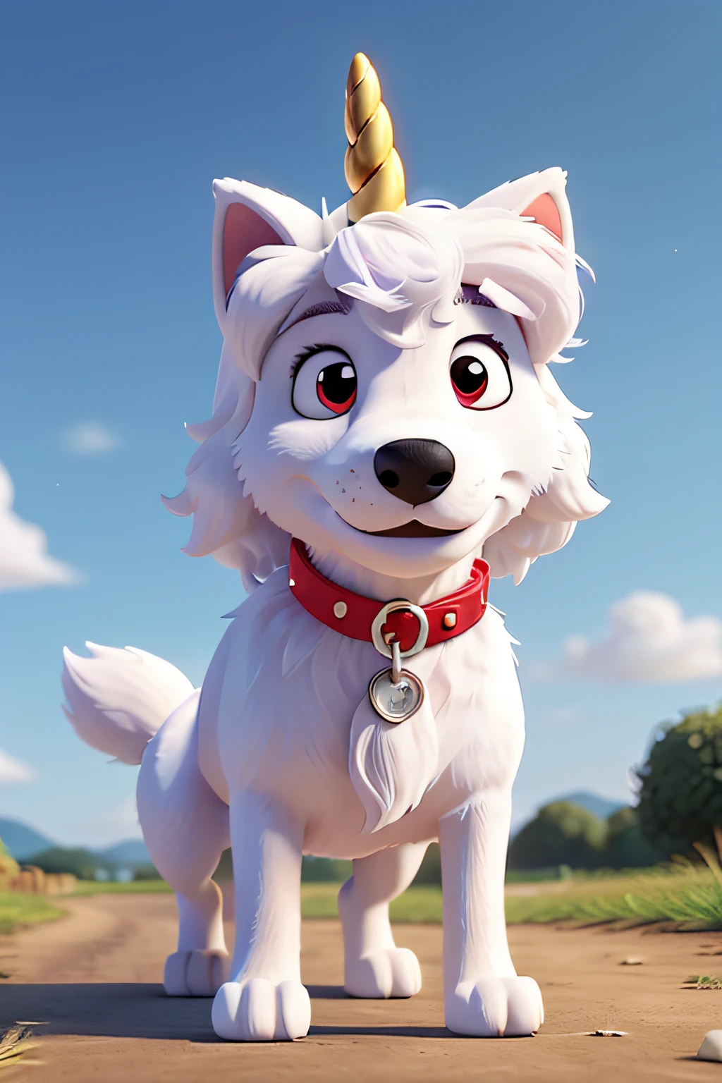 A cartoon image of a fully grown white wolf dog wearing a unicorn hat. The dog collar should be red. Walking pose with 3 legs on the ground