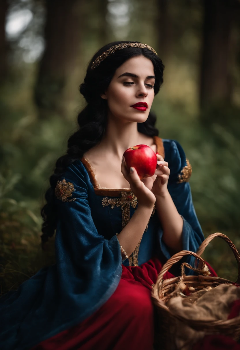 linda branca de neve, com idade de 16 anos, Eating an apple ultra sharp focus, Imagens realistas, roupas femininas medievais, cor tetradica )