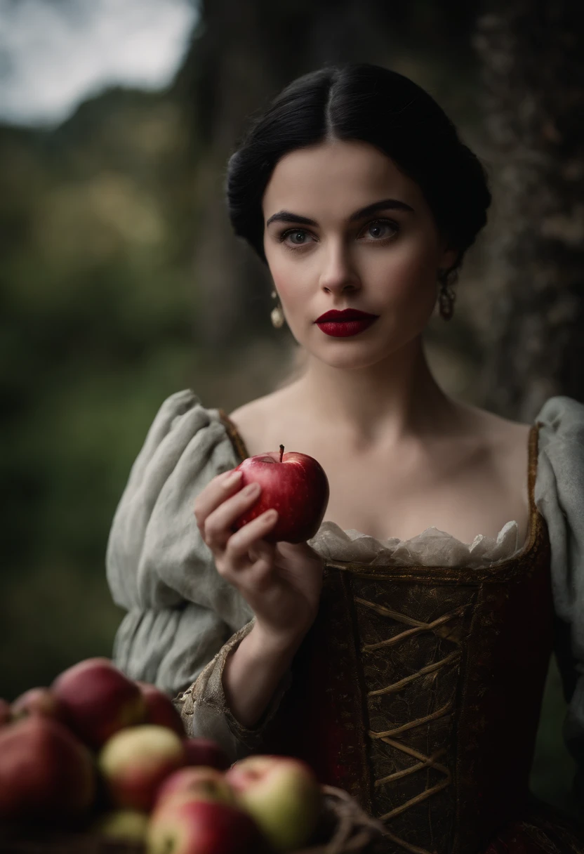 linda branca de neve, com idade de 16 anos, Eating an apple ultra sharp focus, Imagens realistas, roupas femininas medievais, cor tetradica )