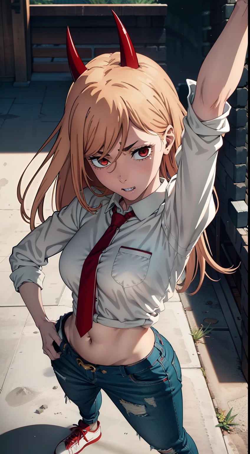 white  shirt, red tie, tucked-up jeans, sneakers, Beautiful waist, You can see the whole figure, nice feet, grimaces, laughting, waist, buttocks, ultra sharp image, Beautiful figure, Beautiful little breasts, sexypose, sharp teeth, laughting, ultra detail face, Ultra Transparent, Chainsaw Man Energy, Two red sharp horns on the head, ultra sharp image, Ultra Beautiful, little chest. hairlong, blonde woman, Beautiful figure, taut clothes, red-eyes, Red crosses and circles instead of pupils, handsome body, sexy clothes, Beautiful eyes, very detailed eyes, Very detailed face, handsome body, Cherecter Desing, Very detailed, Detailed body, Detailed hands, Detailed, Vibrants, Detailed Face, sharp-focus, WLOP, artgerm, anime art, Vibrants, Detailed Face, Hugh Details, sharp-focus, Very drooping face, A detailed eye, super fine illustration, better shadow, finely detail, Beautiful detail