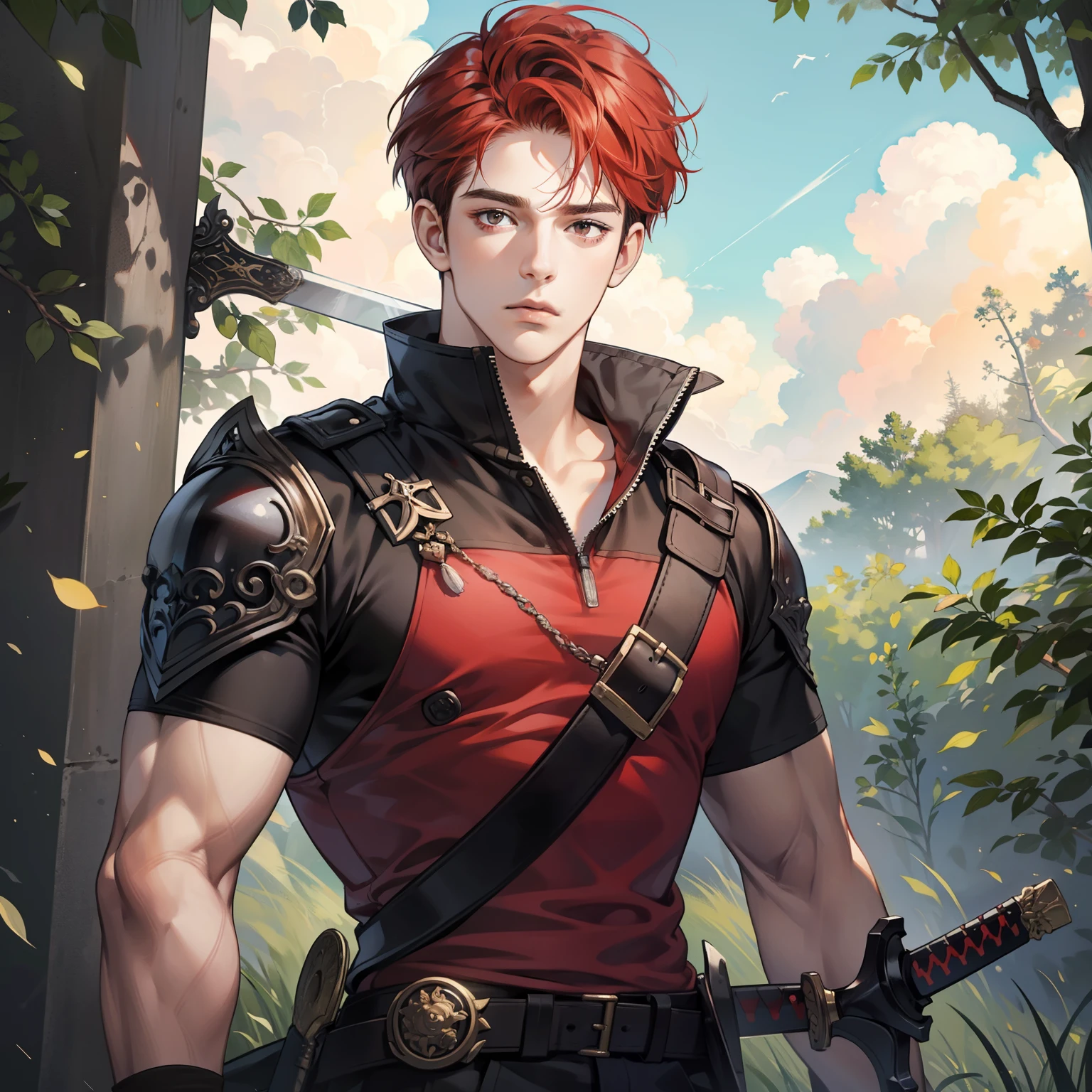 Masterpiece, high quality, best quality, HD, realistic, perfect lighting, detailed body, 1 man, short red hair, black red t-shirt, calm expression, wearing sword, in the nature