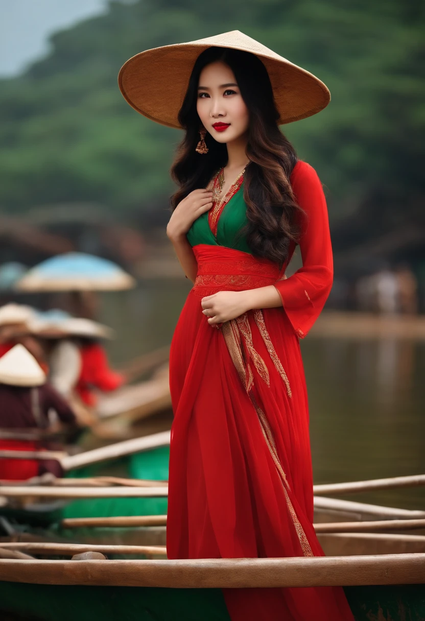 Create a beautiful Vietnamese girl, behind her is the scene of boat racing in Lishui, Quang Binh;