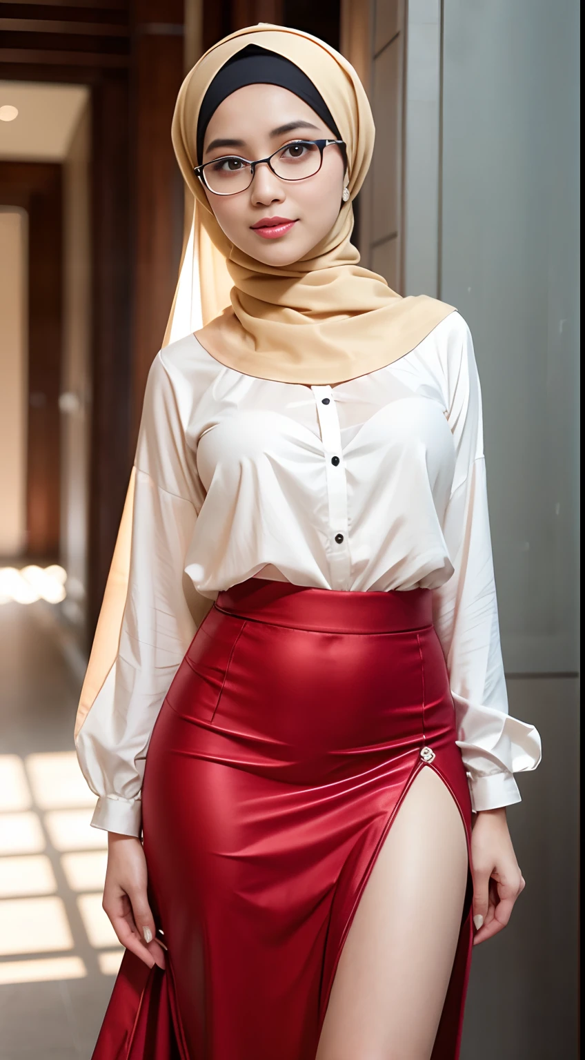 (iu:0.8),cleavage, RAW, Best quality, high resolution, Masterpiece: 1.3, Beautiful glasses pearl_skinned sexy hijabi javanese wearing high_slit_skirt, Masterpiece, Soft smile