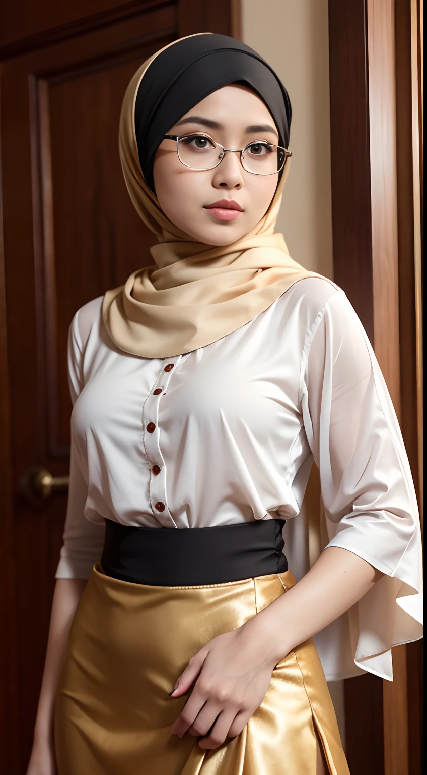 (iu:0.8),cleavage, RAW, Best quality, high resolution, Masterpiece: 1.3, Beautiful glasses pearl_skinned sexy hijabi javanese wearing high_slit_skirt, Masterpiece, Soft smile