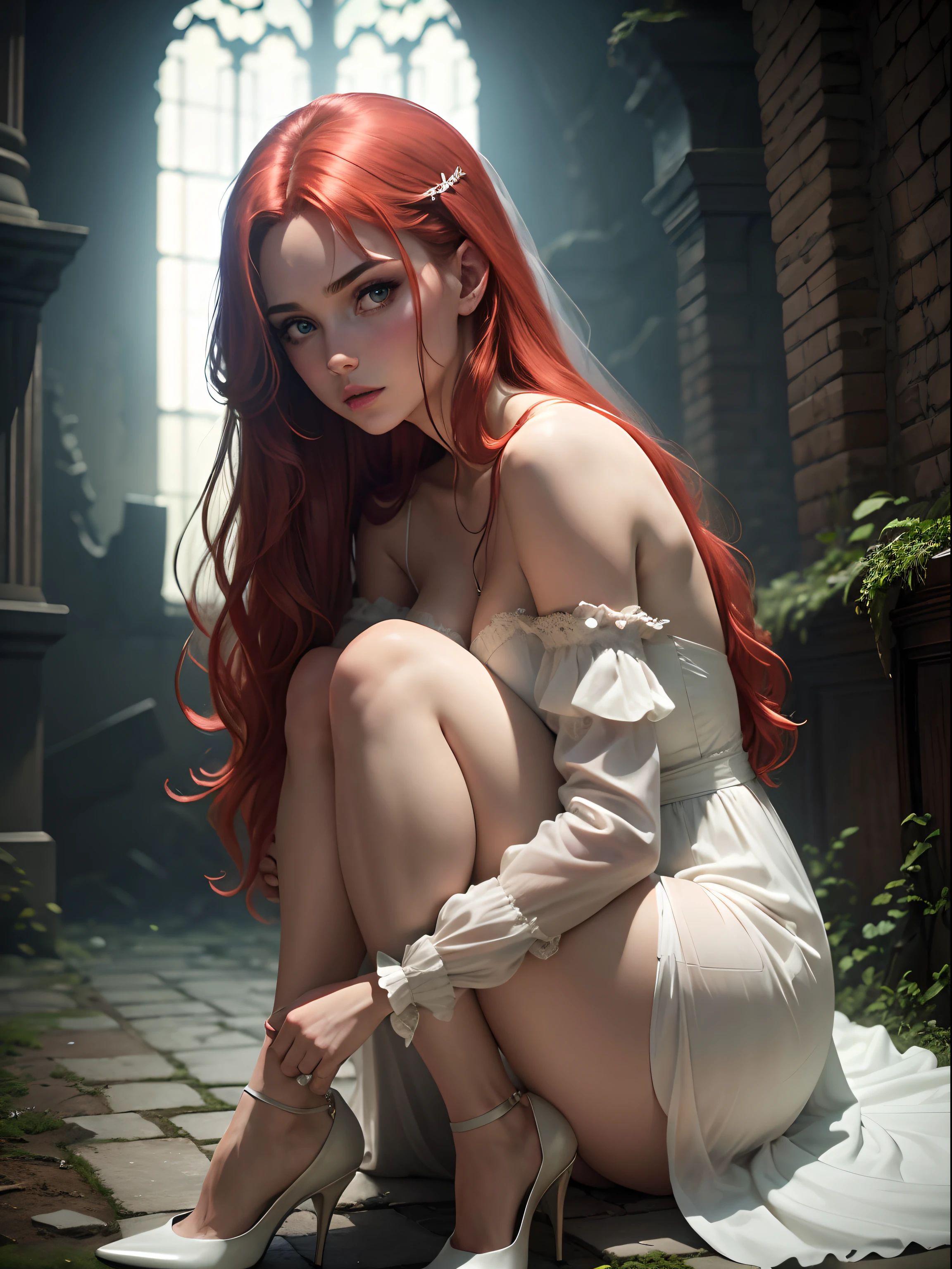 Movie footage of Mario Bava's horror movie, Full Medium Close-up, Gorgeous 18-year-old woman resembling Bella Thorne, long red hair, soft pale skin, Pretty and young々Shishi Face, Well-defined eyebrows, Light blue eyes, delicate nose, plump round lips, thin and long legs,White high heels,Walk through a ruined church in Gothic style at night in a white wedding middle dress, Foggy and rainy conditions, Ghostly atmosphere, 1600s, (high skin detail: 1.2), Ultra-detailed, Photorealsitic, depth of fields, Cinematic lighting, IMAX Camera, nffsw, nffsw, Full-HD, 8K,Sitting in a tattered chair,Sitting on the grave,open one's legs,