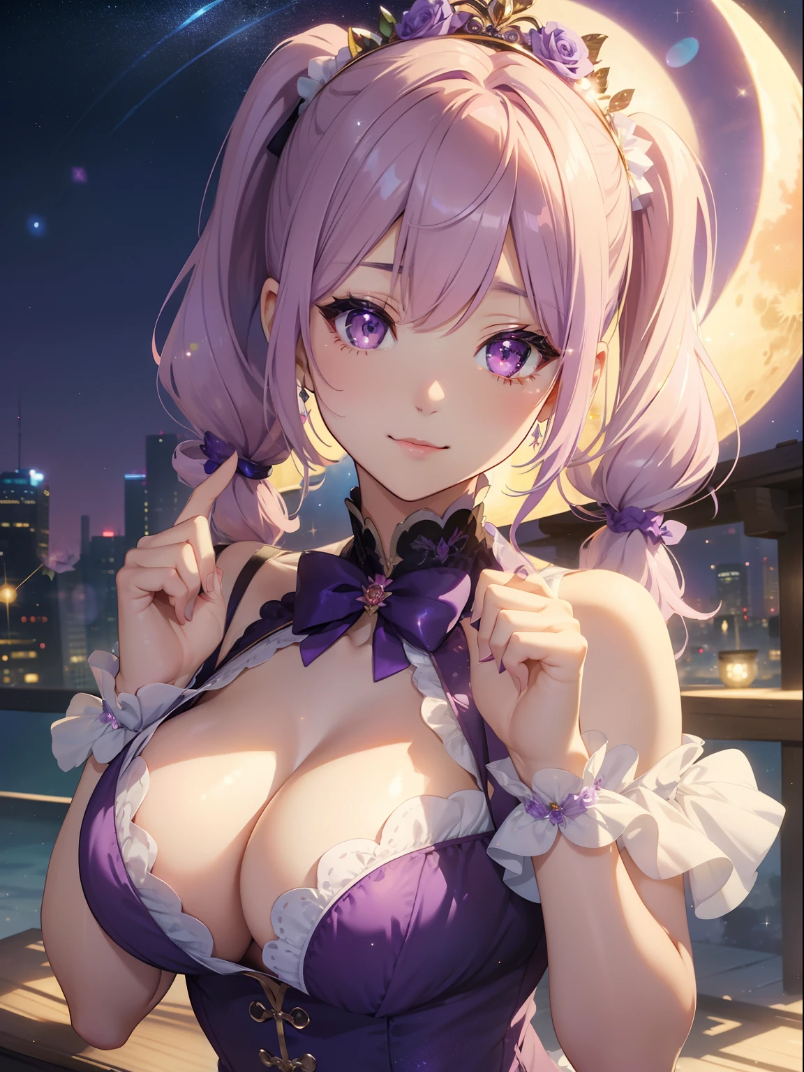 masutepiece, High resolution, 8K, anime woman, Delicate and detailed writing 、Detailed digital illustration、(((Straight pigtail)))、Shiny hair、Bangs、a very beautiful woman、Eyes are double, Large, (((Bust is an A cup)))、High image quality, High quality、Detailed background、The inside of the eye shines like a diamond、Light purple hair、Gradient pupil、(((2 arms、4 fingers, 1 thumb)))、Detailed female face、Very beautiful and cute woman、、细致背景、masterpiece、Soft Focus , Bright gradient watercolor , Lens Flare , (((Glitter))) , Glow , Dreamy , Light Purple Ribbon、(((Very Beautiful Light Purple Rose Hair Accessories)))、Full smile、((Sexy Bunny Girl))、full bodyesbian、Night Background、a moon、The whole area is full of starry skies
