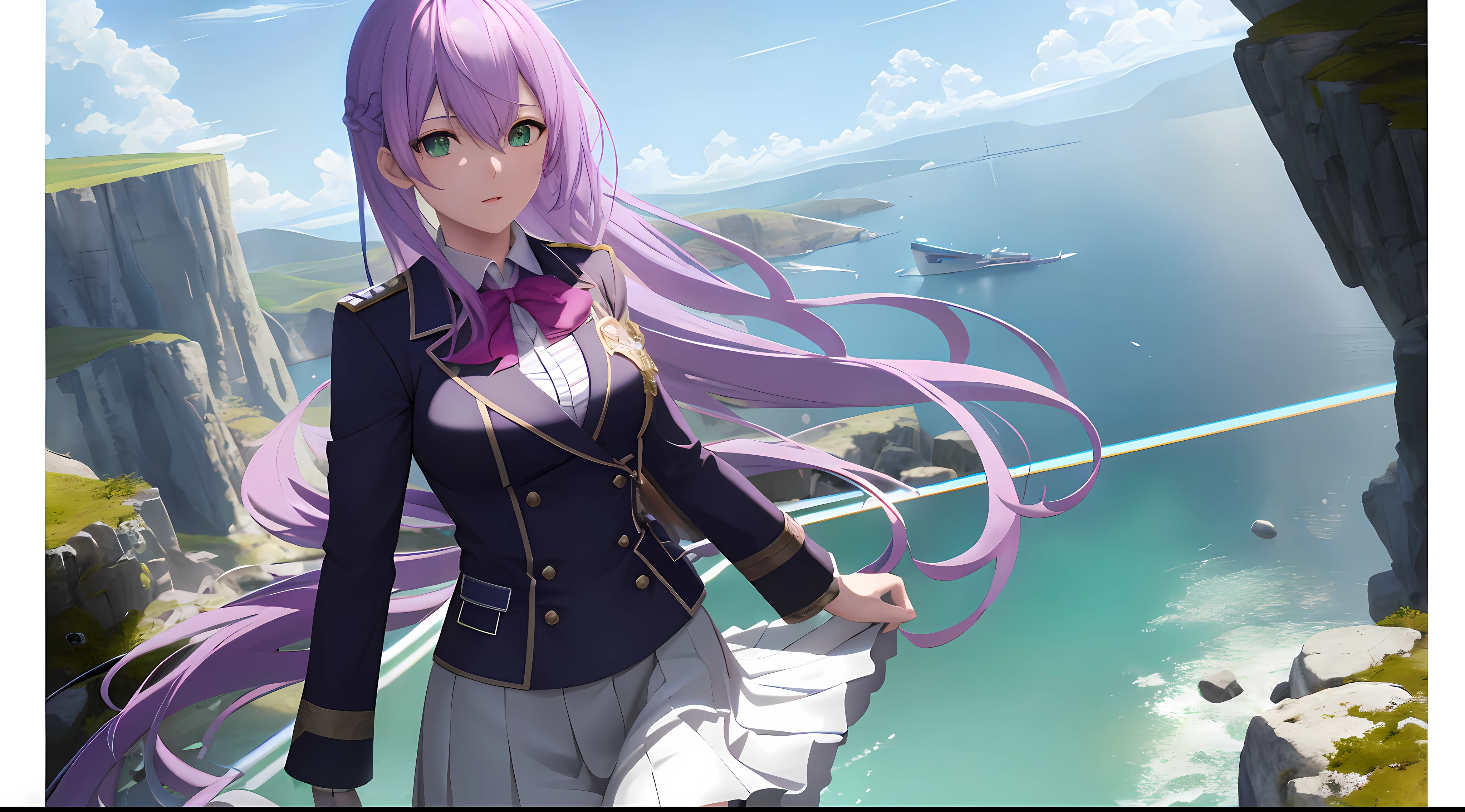 Athena with plain long light purple hair,hair between eyes,green eyes,rosy cheeks,full lips,thin eyebrows,slender body,wearing school coat and full long skirt,cute anime girl,full body,rocky cliff in background,anime style,Lumen Reflections,Screen Space Reflections,Diffraction Grading,Chromatic Aberration,GB Displacement,Scan Lines,Ray Traced,Anti-Aliasing,FXAA,TXAA,RTX,SSAO,Shaders,OpenGL-Shaders, GLSL-Shaders,Post Processing,Post-Production,cell Shading,Tone Mapping,CGI,VFX,SFX,insanely detailed and intricate, 4K,standing, solo, masterpiece, best quality, detailed face, detailed eyes, highres, standing, solo,masterpiece, best quality