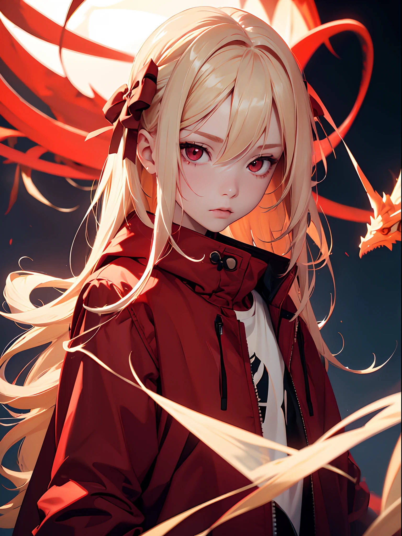 1girl,Albino, cute, red hair, blonde hair, beautiful, long hair, red eyes,dragon horn,wearing a parka jacket, hair with a ribbon,night light ((8k, UHD, ultra realistic))