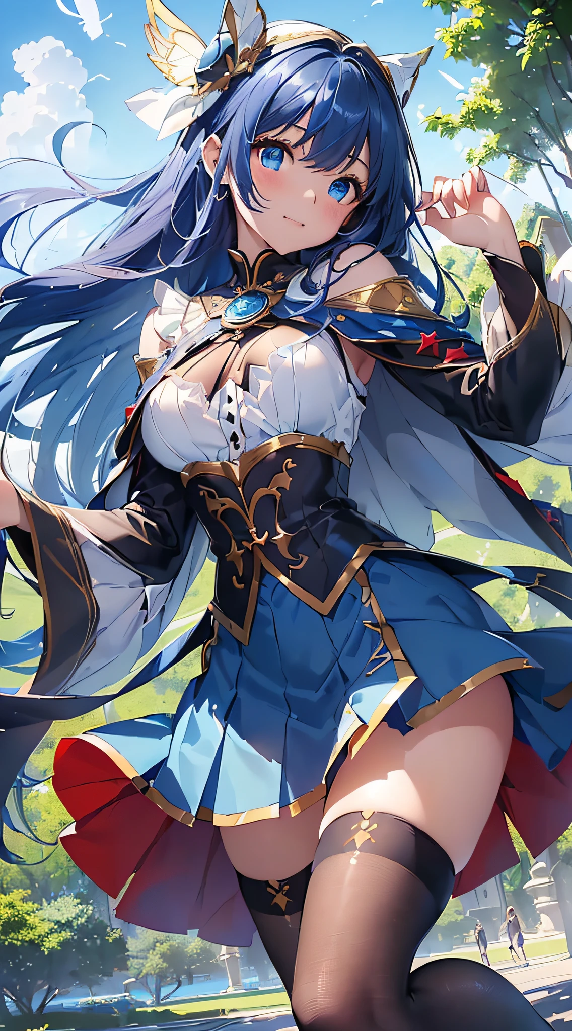 top-quality、Top image quality、masterpiece、girl with((cute little、18year old、Best Bust、Medium bust、Bust 85,Beautiful blue eyes、Breasts wide open,Long Black Hair、A slender、Blue hair mesh、Black and white tights、Blue short skirt,red cloak,Laugh、Leaning forward、Flying in the sky、Reflecting the whole body、Fluttering cloak、Fluttering short skirt))hiquality、Beautiful Art、Background with((blue-sky、mid air、flying though the air)),masutepiece、Elaborate design、visualart、depth of fields、The best lighting、highestdetailed、8k