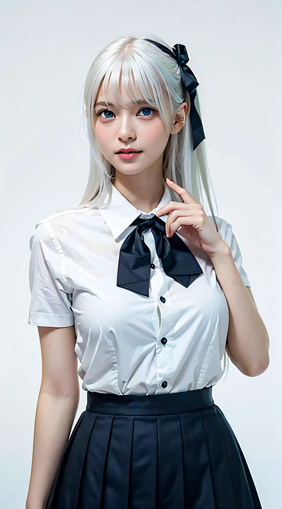 Masterpiece, Best Quality, (Realistic, Super Real, Super Reality:1.5), (Photography), 1girl, (Neat and Innocent Character, Gentle Atmosphere:1.2), ((White Color Hair, (Straight Very Long Moist Hair):1.5)), (Smile:0.8), (Tender eyes), Looking at Viewer, Cowboy Shot, Cinemagraph, BREAK (Perfect beauty, Very Porcelain Skin, Very Fair Skin, Fine and Beautiful Skin, Super Smart, (Faces with random and very beautiful details:1.4), (Symmetrical beautiful face, symmetrical beautiful eyes, (Blue Color Eyes:1.2), Fine Eyes Detail, Fine face:1.3), (Large Eyes, Hyper Detail Eyes, Very Clear Eyes:1.4),1womanl, up of face, Colossal tits,light brown hair, Blunt bangs, hair behind ear, hair over shoulder, Long hair, slender body shape, Ultra Fine Face, Thin face, Delicate lips, Beautiful eyes, thin blush, eyes are light brown, perfect glossy skin, flawless skin, Glistening sweat,View here, Ultra-thin hands, Ultra-fine fingers:realisitic:1.3), ((Simple Gradation Background:1.4)), One-person viewpoint, Fuji Film, 8K, masutepiece, nffsw, Super Detail, High quality, Best Quality, hight resolution, ((Don't show your fingertips))、the golden hour Beautiful light, (((Schoolgirl Uniform)))、(((White Short Sleeve Low Cut Front Button Shirt、Dark blue ribbon)))、((Ultra Micro Mini Dark Blue Pleated Skirt))、 ((Colossal tits:1.4))、 (((Positive image:1.3)))、