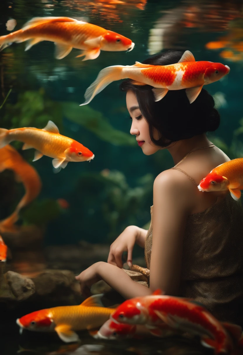 Shape a beautiful Vietnamese girl, behind her is the KOI aquarium