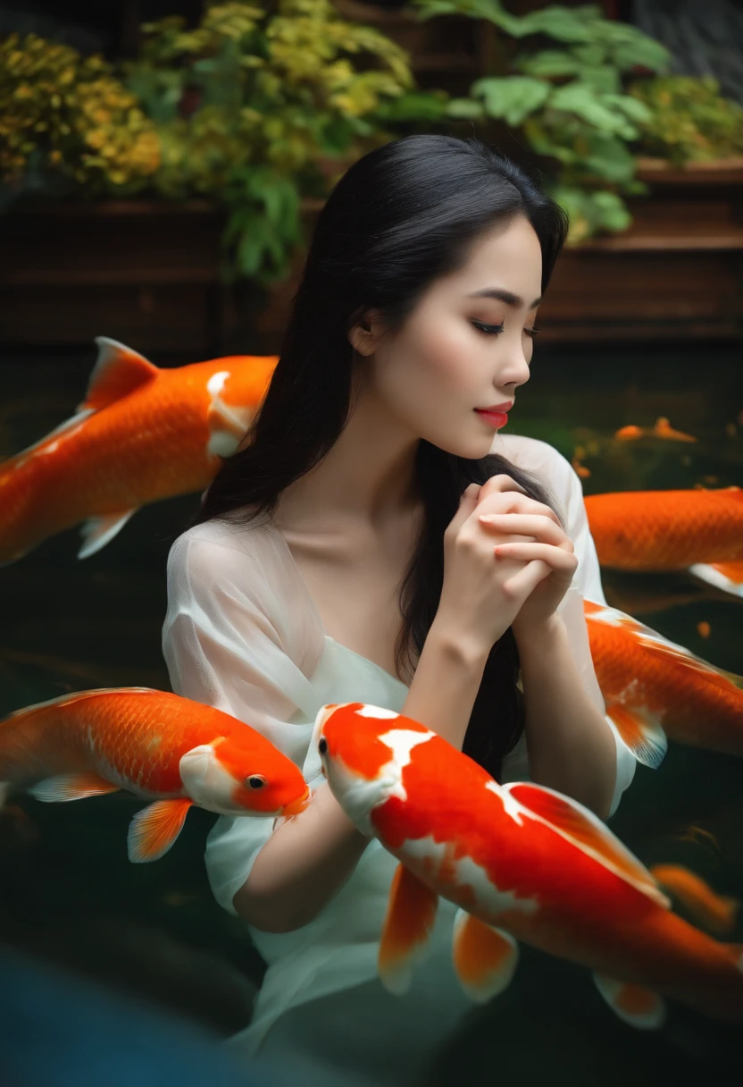 Shape a beautiful Vietnamese girl, behind her is the KOI aquarium