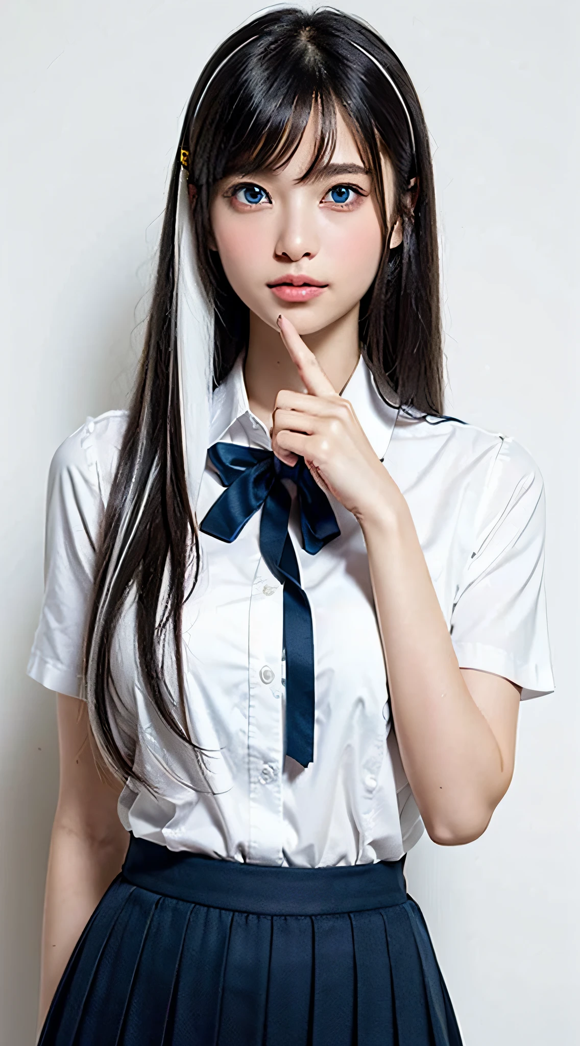 Masterpiece, Best Quality, (Realistic, Super Real, Super Reality:1.5), (Photography), 1girl, (Neat and Innocent Character, Gentle Atmosphere:1.2), ((White Color Hair, (Straight Very Long Moist Hair):1.5)), (Smile:0.8), (Tender eyes), Looking at Viewer, Cowboy Shot, Cinemagraph, BREAK (Perfect beauty, Very Porcelain Skin, Very Fair Skin, Fine and Beautiful Skin, Super Smart, (Faces with random and very beautiful details:1.4), (Symmetrical beautiful face, symmetrical beautiful eyes, (Blue Color Eyes:1.2), Fine Eyes Detail, Fine face:1.3), (Large Eyes, Hyper Detail Eyes, Very Clear Eyes:1.4),1womanl, up of face, Colossal tits,light brown hair, Blunt bangs, hair behind ear, hair over shoulder, Long hair, slender body shape, Ultra Fine Face, Thin face, Delicate lips, Beautiful eyes, thin blush, eyes are light brown, perfect glossy skin, flawless skin, Glistening sweat,View here, Ultra-thin hands, Ultra-fine fingers:realisitic:1.3), ((Simple Gradation Background:1.4)), One-person viewpoint, Fuji Film, 8K, masutepiece, nffsw, Super Detail, High quality, Best Quality, hight resolution, ((Don't show your fingertips))、the golden hour Beautiful light, (((Schoolgirl Uniform)))、(((White Short Sleeve Low Cut Front Button Shirt、Dark blue ribbon)))、((Ultra Micro Mini Dark Blue Pleated Skirt))、 ((Colossal tits:1.4))、 (((Positive image:1.3)))、