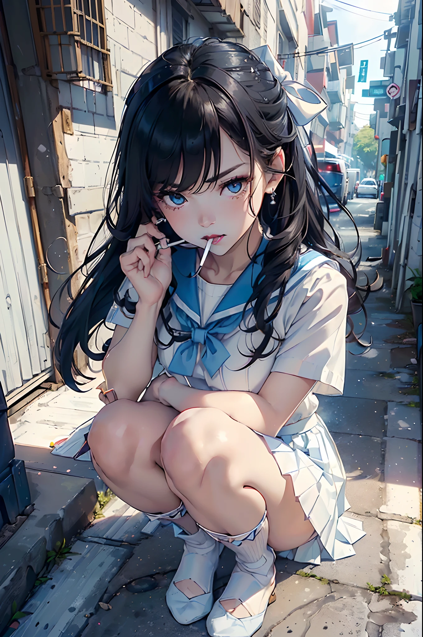 (​master piece:1.4),Hypal Quality, Hyper Detailed,Perfect drawing,。.。.3D,16K illustrations、(((clearface)))、Hi-Res、1 persons、femele、(((Knees wide open)))、(((Crouching)))、(((Cigarettes in the mouth)))、Asian、(((Long Black Hair)))、bangss、(((Whitening skin)))、(((Pure white lipstick)))、((eyeshadows:1.3))、Raised corners of the eyes、(((Outrage:1.2)))、((Pull the chin))、(((squinted)))、((Kamimei:1.3)),((glares:1.4))、((half-opened mouth))、((Wrinkles between the eyebrows))、(numerous piercings in the ears)、(((Breakdown)))、(((White sailor suit)))、(White theme:1.3), (Fusion of white sundress and white uniform:1.4), ((White pleated skirt, long skirt of white color,,,):1.5), (White shirt with blue sailor collar:1.4), (Short sleeve: 1.2), (Light blue ribbon:1.3), (White skirt with blue line:1.2), ((White Buggy Socks:1.3, lowfers):1.2),(((White pleated skirt,Maxi skirt:1.3)))、A lot of thin rings on the wrist、80shair、Slums、Detailed drawing、Perfect Photo、Shot diagonally from above