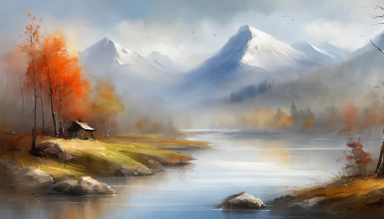 ink wash style,winter day、lakes、snow mountains、The tree、grassy fields、Rochas、hot onsen、hydrosphere、(illustratio:1.0)、Epic composition、Realistic lighting、high definition detail、tmasterpiece、Best quality,(非常详细的 CG 统一 8k 壁纸)