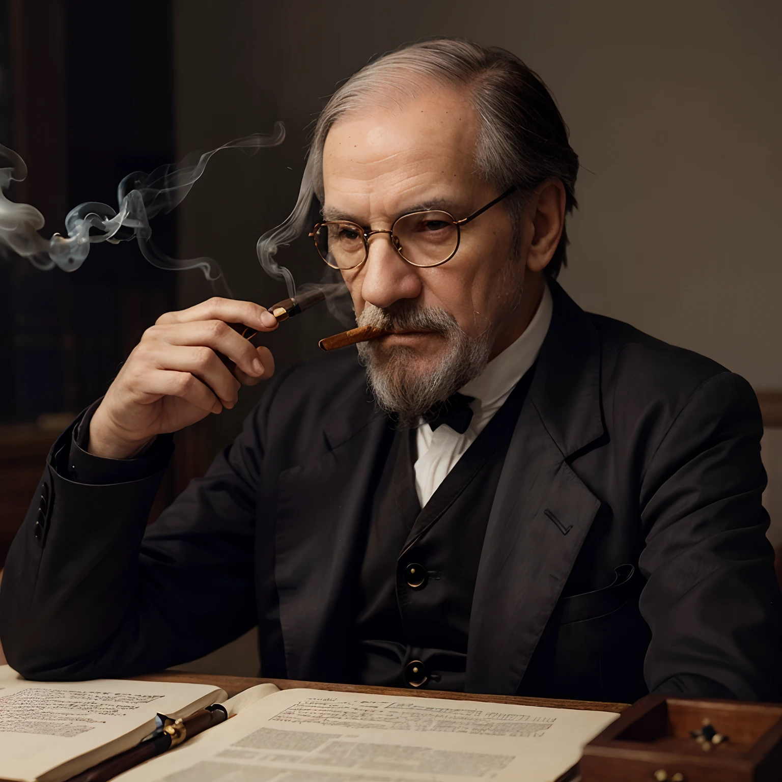 Create an avatar of Sigmund Freud, smoking pipe historical photo, 8k