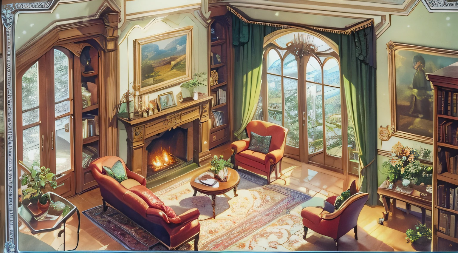 (Aerial view,Cox style:Meticulous and vivid,Dusk),Oil painting,old book,It was snowing outside the windows,Vintage furniture,tranquil ambiance,reading nook,Curved staircase,Hidden corners,Antique chandelier,fireplace,Green sofa,pastel colour,