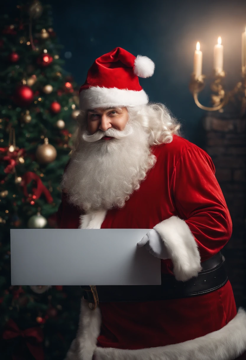 Santa Claus standing pointing at the camera holding a sign written CHRISTMAS ELETRIKUS, com um grande sorriso, alegre, fotorrealista, 4k