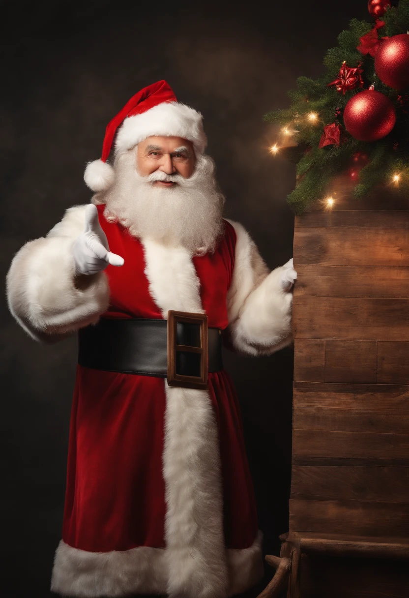 Santa Claus standing pointing at the camera holding a sign written CHRISTMAS ELETRIKUS, com um grande sorriso, alegre, fotorrealista, 4k
