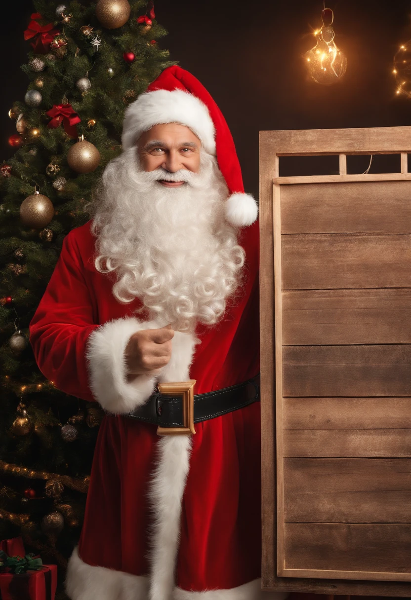 Santa Claus standing pointing at the camera holding a sign written CHRISTMAS ELETRIKUS, com um grande sorriso, alegre, fotorrealista, 4k