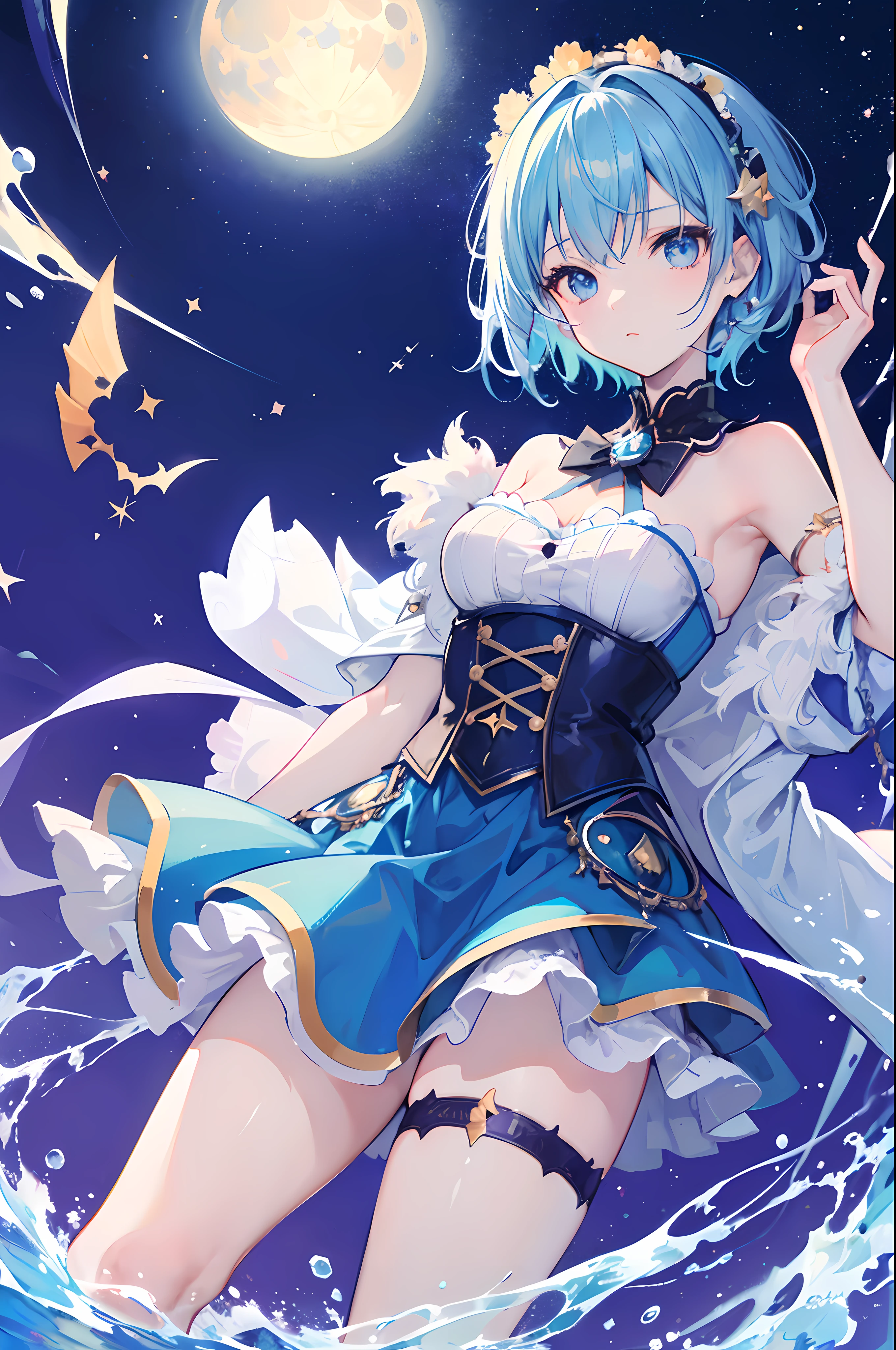 (Masterpiece), (Top Quality Anime Illustration), (Super Definition), One Girl, Solo, Beautiful Girl with Silver Hair, Anime , Cat Ear Lolight Blue Miniskirt Cheongsam, See-through, Sleeveless, Smile, Cleavage Enhancement, Lower half of Breast Exposed, Lower Half of Chest Visible Bare Skin, Navel, Open Stance, Thighs