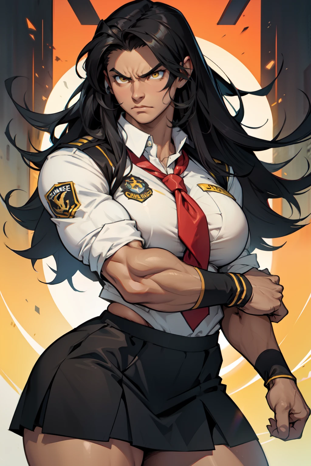 best quality best quality best quality black hair yellow eyes pale skin muscular huge greasts thick thighs angry solo extremely long hair girl