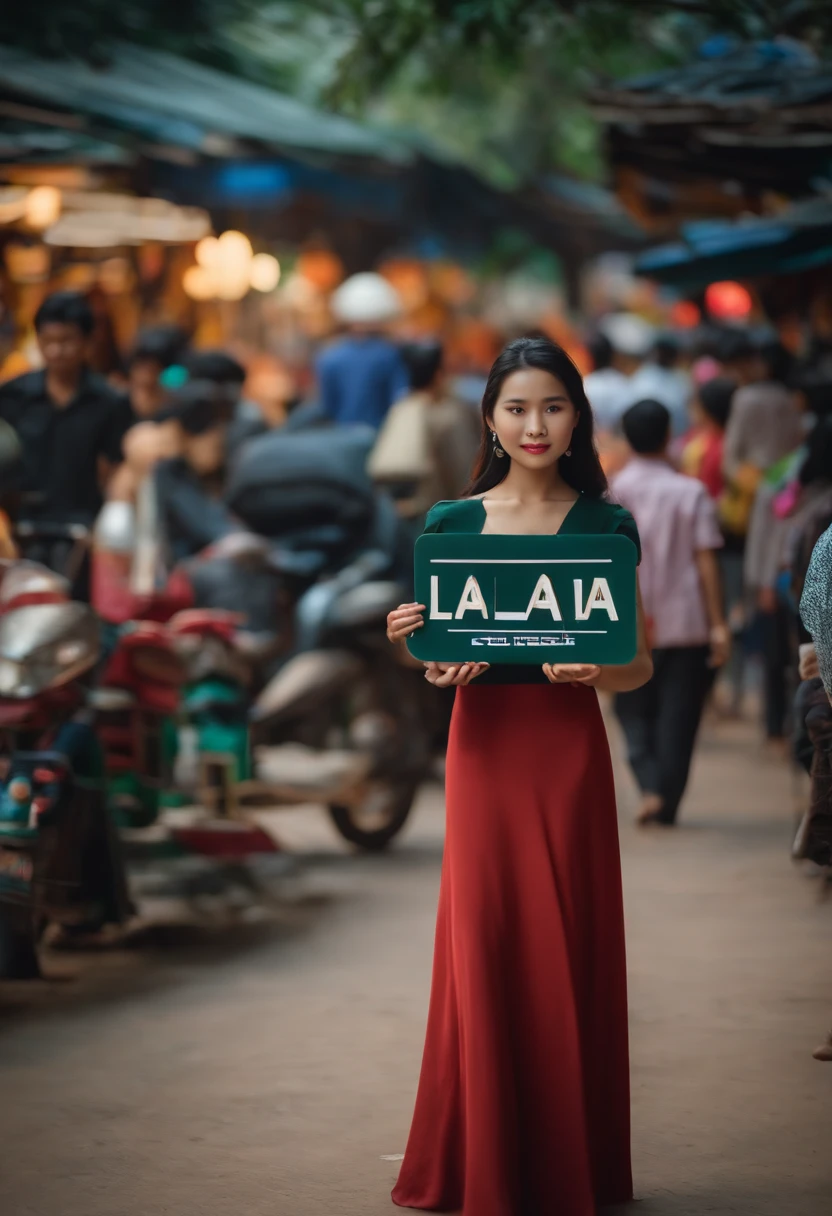 Shape of a beautiful Vietnamese girl holding an LED sign with the word LAL, There were crowds of people in the back