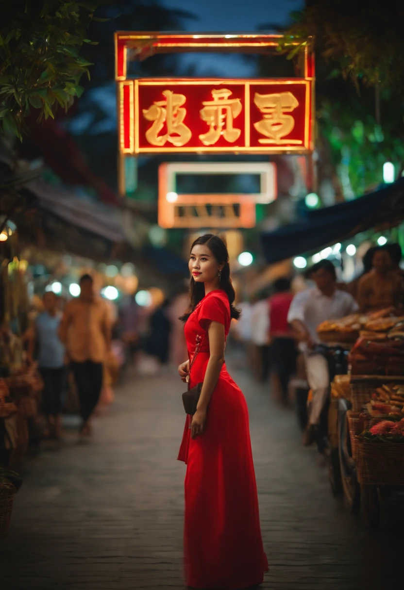 Shape of a beautiful Vietnamese girl holding an LED sign with the word LAL, There were crowds of people in the back