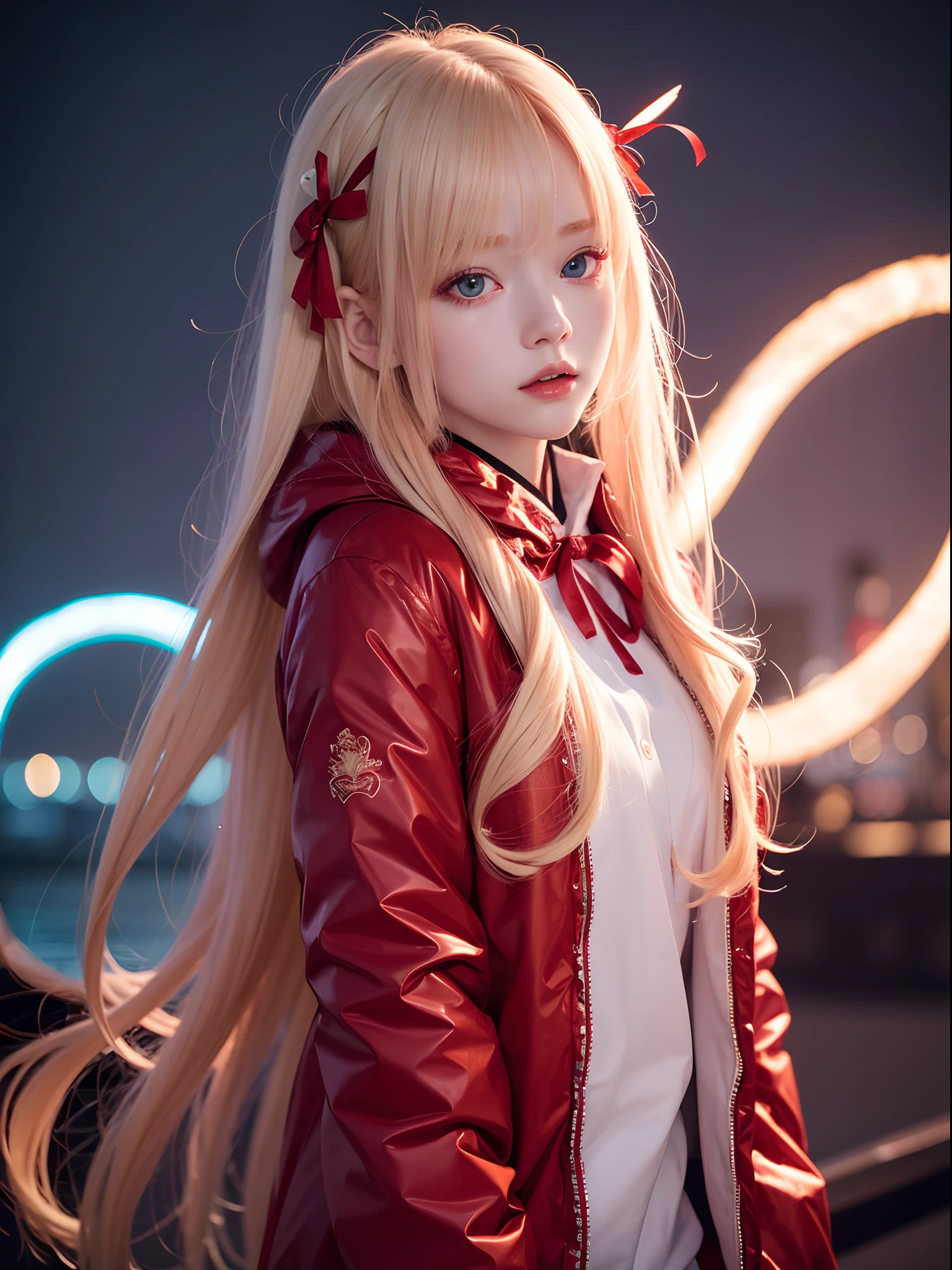 1girl,Albino, cute, red hair, blonde hair, beautiful, long hair, red eyes,dragon horn,wearing a parka jacket, hair with a ribbon,night light ((8k, UHD, ultra realistic))
