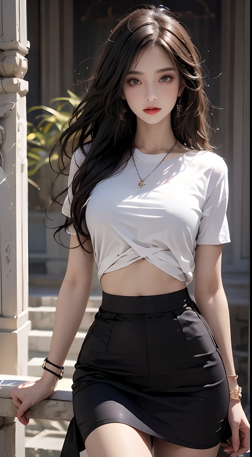 wearing a shirts,skirt by the、nffsw,best qualtiy:1.4, Skin Texture:1.4, masterpiece:1.8, 1 Women, hips up high, beautidful eyes, The long-haired, Ringed Eyes, jewely,