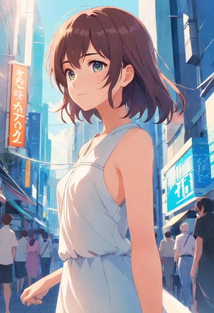 (8k、Best image quality、Highest quality、masterpiece)、Detailed face、1 girl、Black Hair、Shortcuts、Grey Eyes、Bright smile、Earrings、Small breasts，Flat chest，White tank top、Denim Long Pants、Cowboy Shot、Urban Background，((Highest quality)), (Very detailed), (高精細CG合成8k壁紙), 高いly detailed,  高い-definition raw colbor photos, Professional photography,  Written boundary depth,