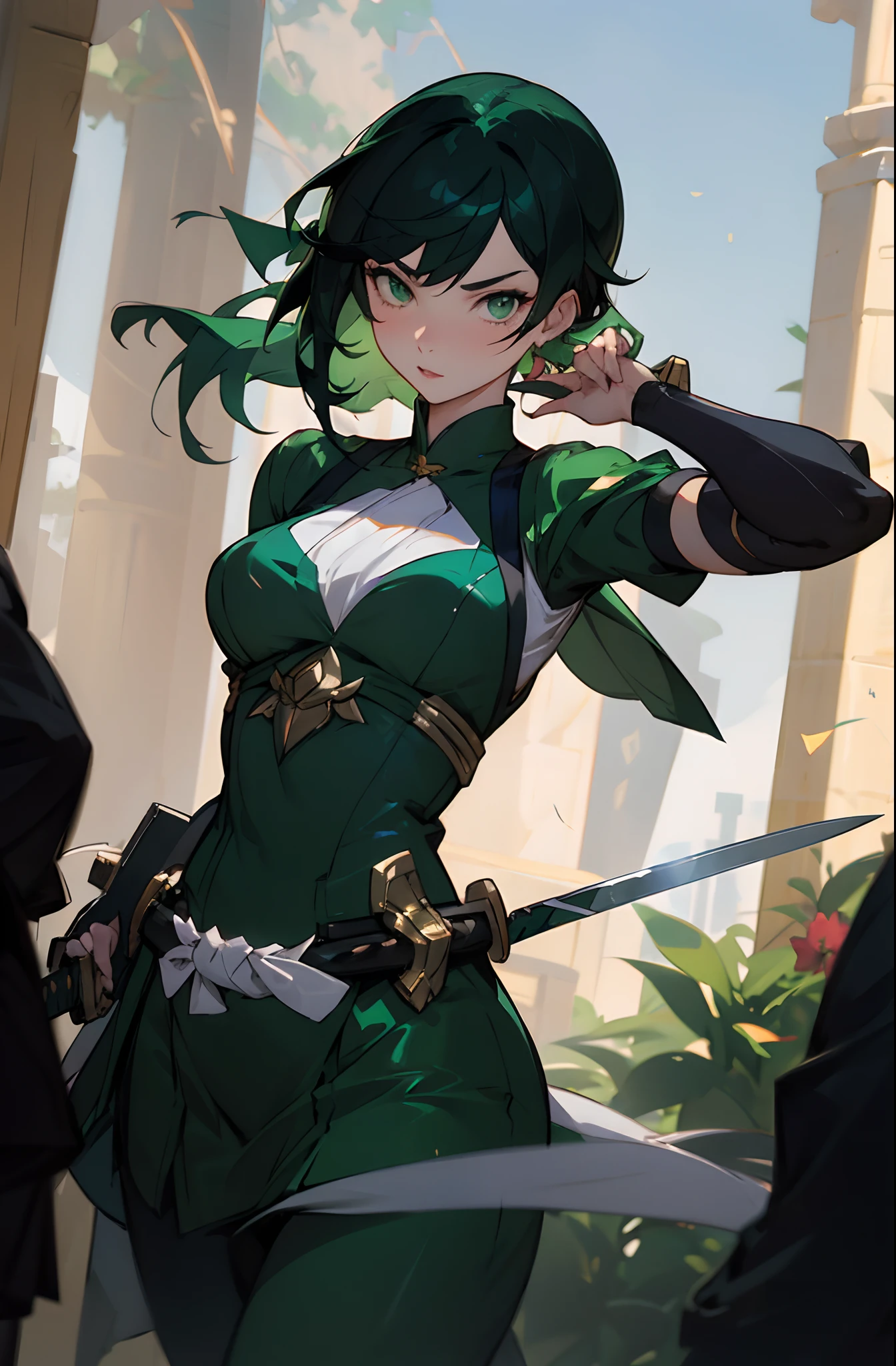 Anime - Stylistic image of a woman holding a sword in a green dress, Extremely detailed Artgerm, Artgerm and Atey Ghailan, Style Artgerm, Artgerm style, Artgerm on ArtStation Pixiv, Stanley Ateg Liu, Artgerm Plat, krenz cushart and artgerm, ! Dream Artgerm