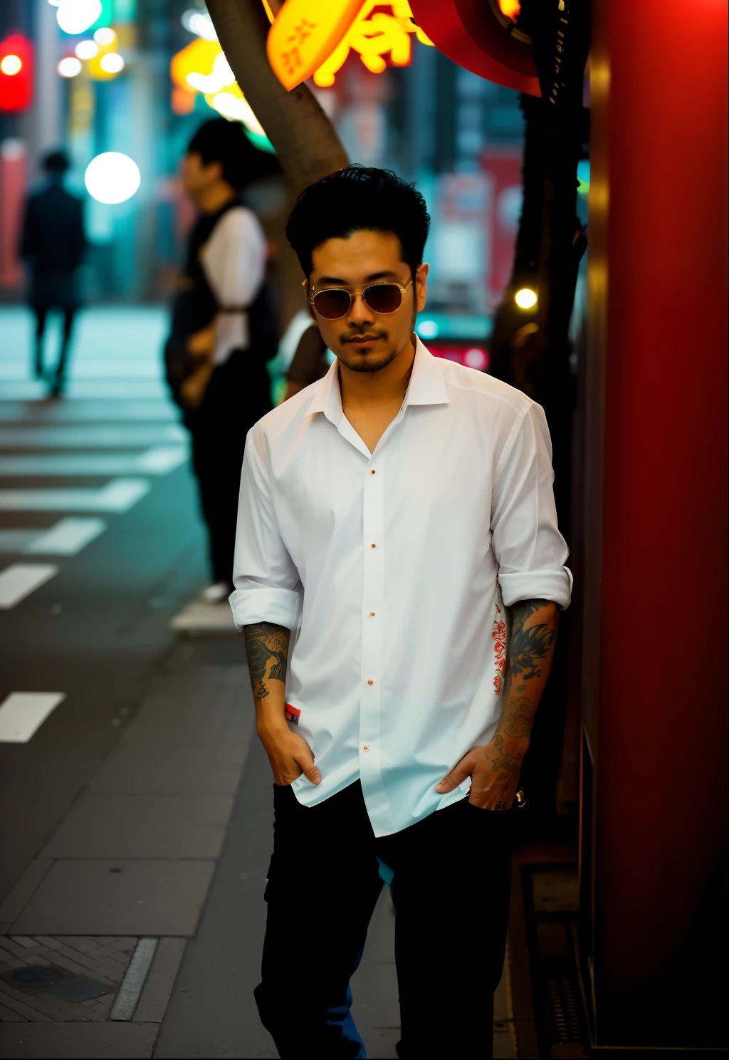 there is a man with a tattoo on his arm standing on the street, in the streets of tokyo, in a tokyo street, in neo tokyo, in tokio, tokyo street, in neotokyo, tokyo, tokio, man walking through city, street pic, tokyo street cityscape, in city street, at a city street, tokyo street background