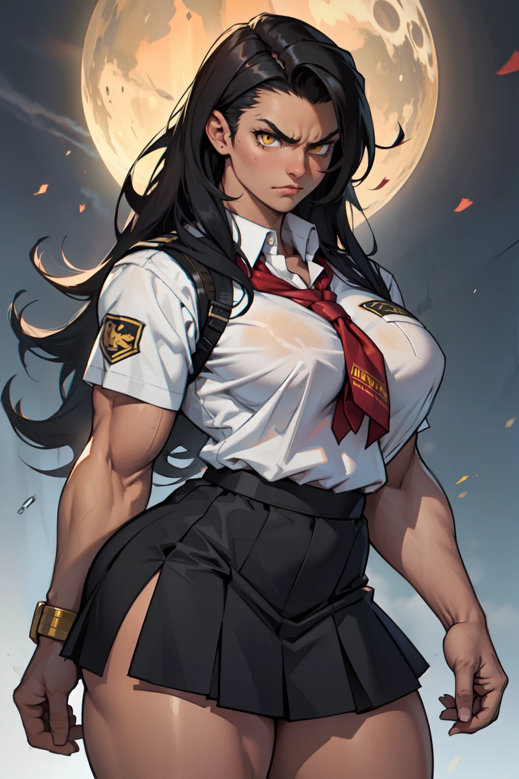 muscular toned body bodybuilder huge breasts black hair yellow eyes angry 1girl cowboy shot curvy very long hair school uniform