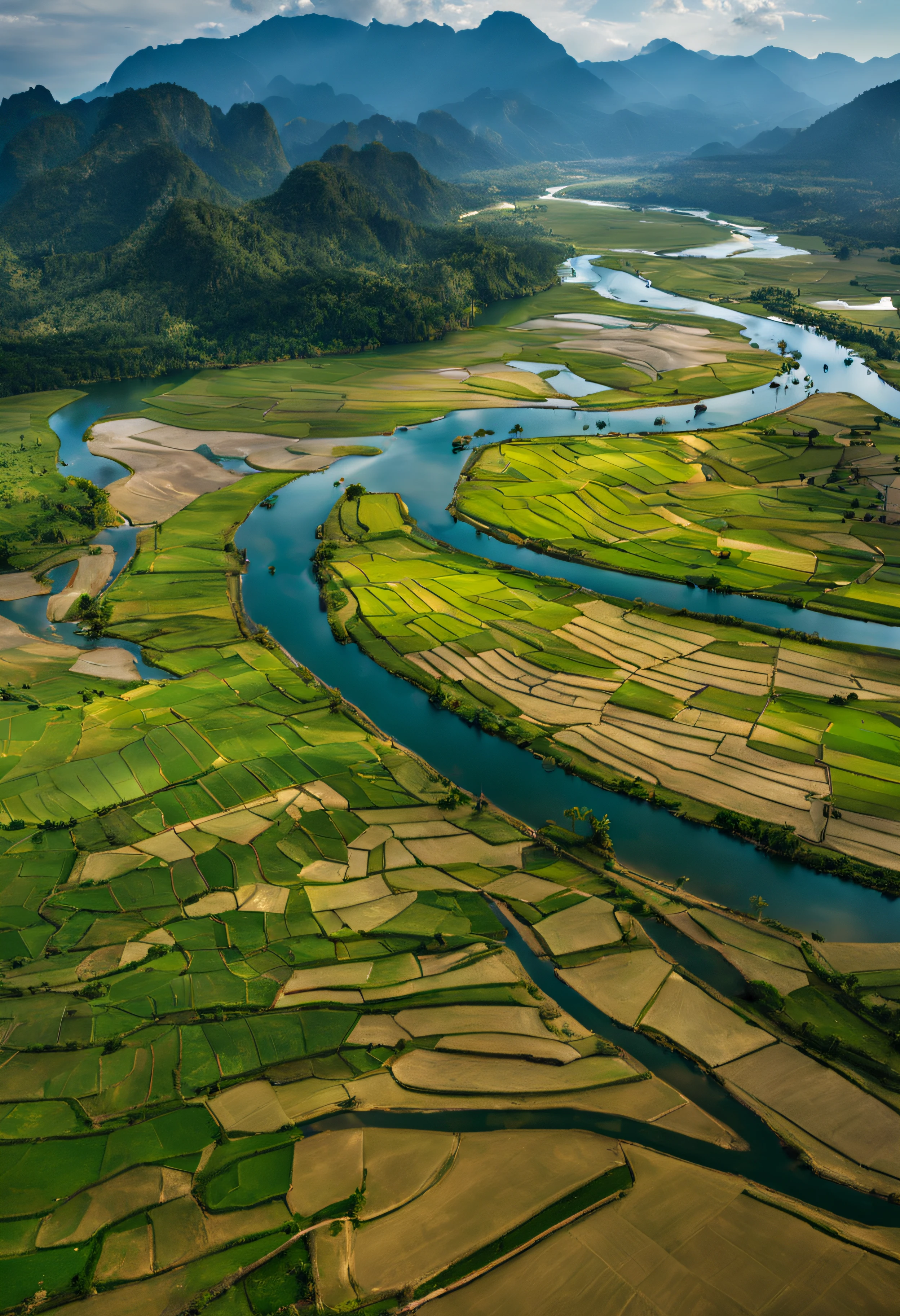 Aerial view of the fields, river and mountain. Beautiful landscape panorama. Laos.