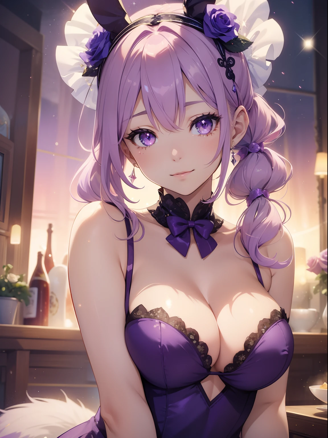 masutepiece, High resolution, 8K, anime woman, Delicate and detailed writing 、Detailed digital illustration、(((Straight pigtail)))、Shiny hair、Bangs、a very beautiful woman、Eyes are double, Large, (((Bust is an A cup)))、High image quality, High quality、Detailed background、The inside of the eye shines like a diamond、Light purple hair、Gradient pupil、(((2 arms、4 fingers, 1 thumb)))、Detailed female face、Very beautiful and cute woman、、细致背景、​masterpiece、Soft Focus , Bright gradient watercolor , Lens Flare , (((Glitter))) , Glow , Dreamy , Light Purple Ribbon、(((Very Beautiful Light Purple Rose Hair Accessories)))、Full smile、((Sexy Bunny Girl))、full body Esbian、Night background、a moon、A starry sky full of the whole area、looking down at viewer