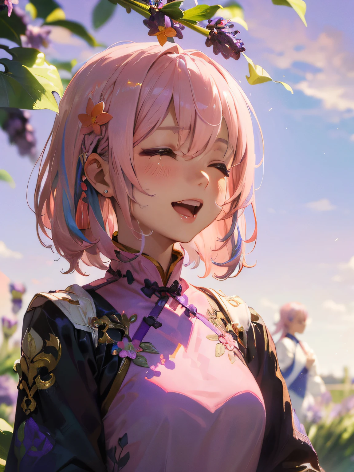 a 19 yo girl , (( Light Pink Hair:1.5)), (hi-top fade:1.3) , dark themed , Muted Tones , Subdued Color , highly contrast , (natural skin textures , Hyper-Realism , Soft light , sharp) , ((Lavender Purple innovative ao dai:1.5)) , (Secondary colors of innovative ao dai clothes is Vista Blue) ,( Pink Lavender lotus shaped hair clip ), (Sky Blue accessory) , (((shoulder-length hair)) , focus on the face , opposite shot , full head , upper body , (excited emotion:1.5) , (cheered:1.5) , (open mouth:1.3) , ((cheer when they see something epic)) , ((smile eyes)) , ((Close eyes to cheer)) , ((Close eyes:1.5))