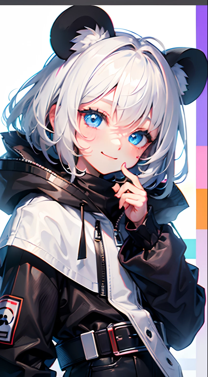 One Boy,Blue eyes,Strands of hair（White the,brack,1.2）Bob Hair、Cute smile、hair messy,White Techware,a belt,parka,black masks,tear drop,Viewer's Eye Line,Black skinny pants,Panda ears,cyberpunked,is standing,baby-face,cute little,Both hands are hidden,