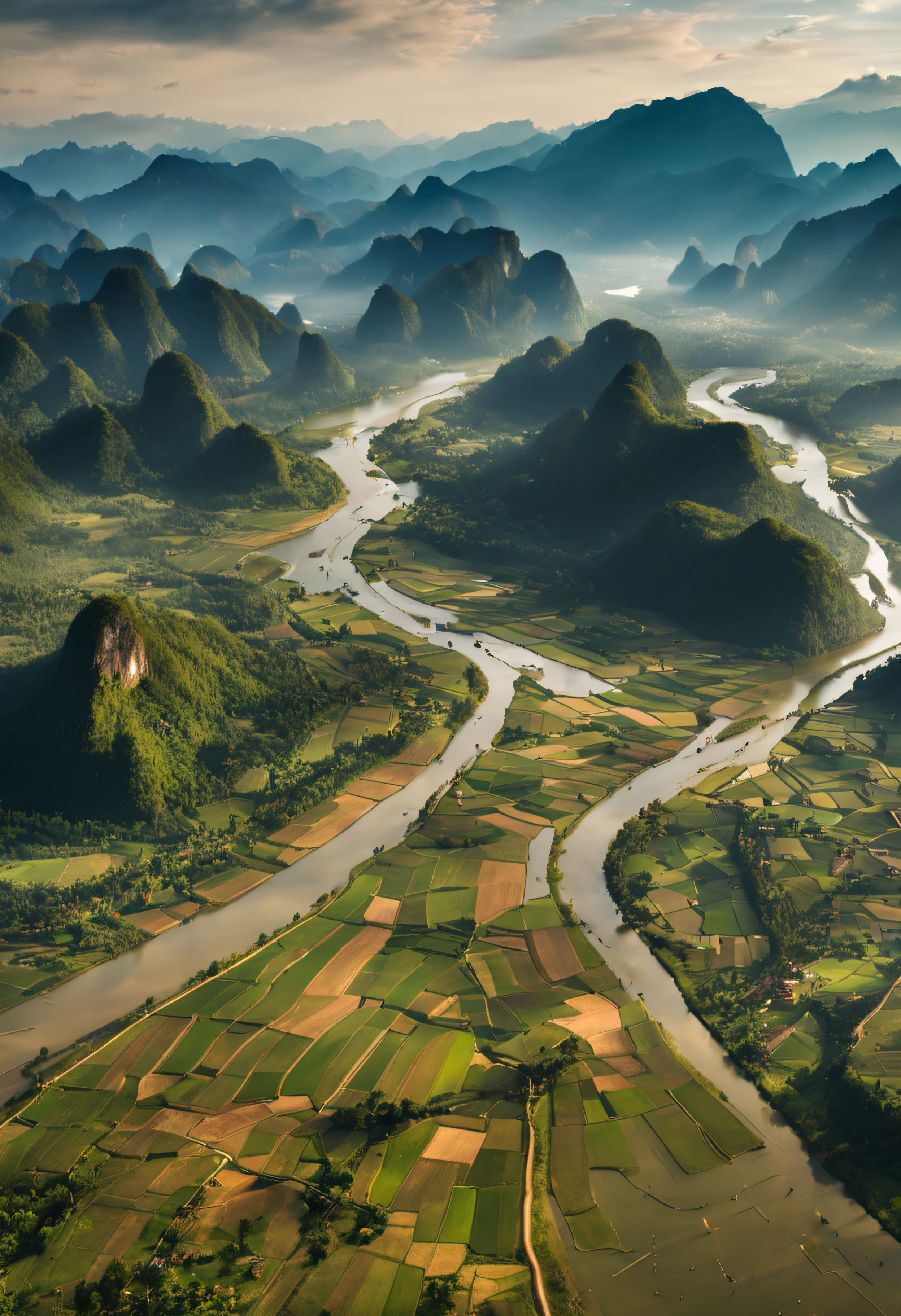 Aerial view of the fields, river and mountain. Beautiful landscape panorama. Laos.