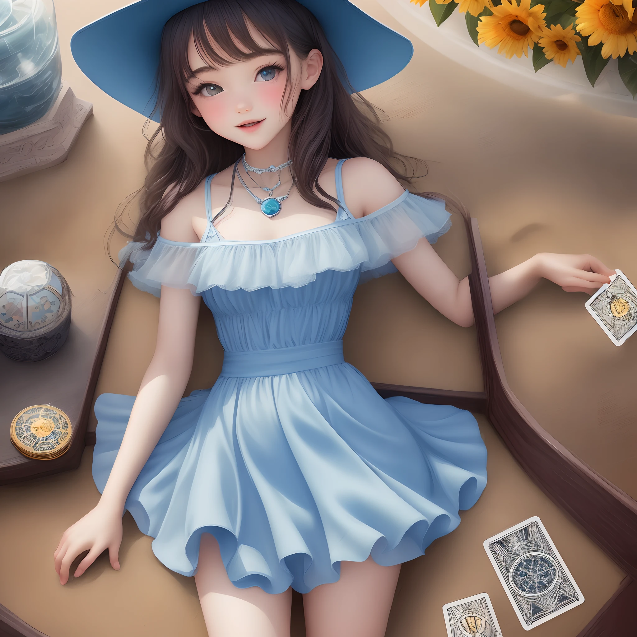 quadratic element，teens girl，Ice blue，tarot cards，rays of sunshine