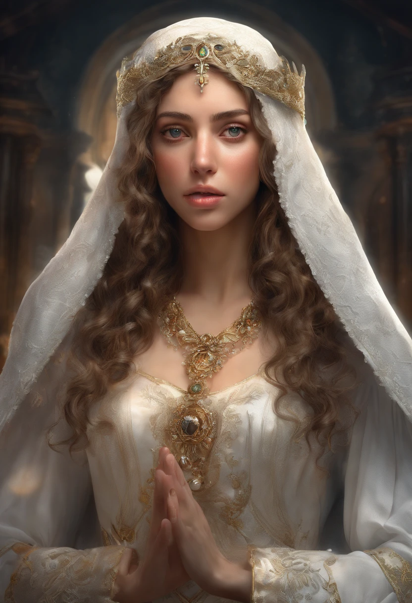 beautiful, upper body portrait,( beautiful face:1.2),(fantasy slave girl), (kneeling in fantasy slave market:1.4), crying, (long unkempt hair:0.6), ((wearing rags, white clothes, dirty, torn)), digital art, trending on artstation, highly detailed, fine detail, intricate, by Karol Bak and (Alphonse Mucha:0.8) and sir lawrence alma
