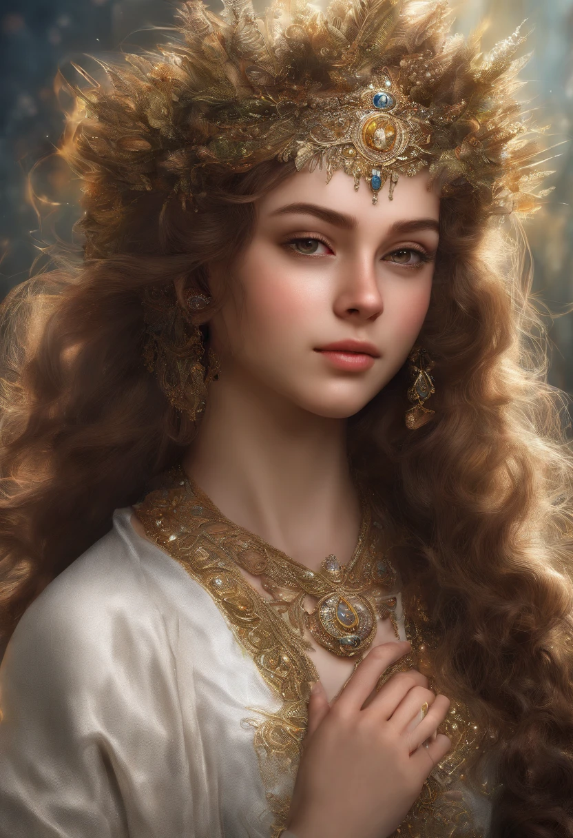 Female priest with long curly hair, robes religieuses, head down, les mains jointes, Wearing a tiara, a simple halo around his head, Des yeux clairs brillants, saint, couleurs vives, Light particles, with bright light, Mshiff, Art du papier peint, UHD wallpaper