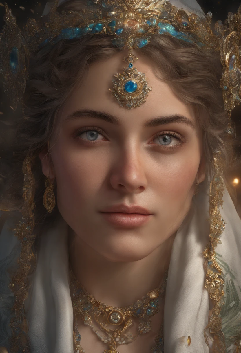 Female priest with long curly hair, robes religieuses, head down, les mains jointes, Wearing a tiara, a simple halo around his head, Des yeux clairs brillants, saint, couleurs vives, Light particles, with bright light, Mshiff, Art du papier peint, UHD wallpaper