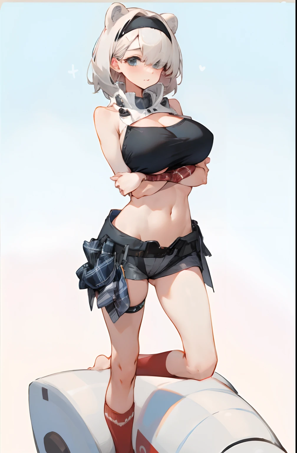 Bigboobs，Barefoot，cropped shoulders，Show your arms，Tube knee-length socks，plaid skirts