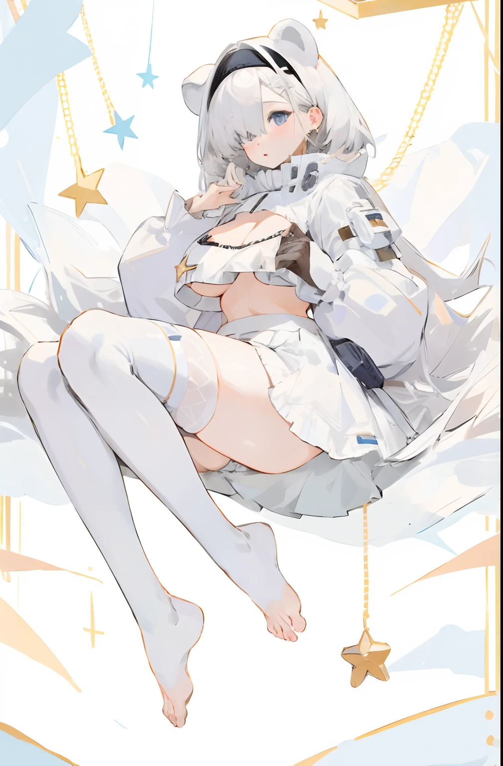 Bigboobs,Barefoot,White knee-length stockings,White Lolita skirt,Star decoration,white clothes