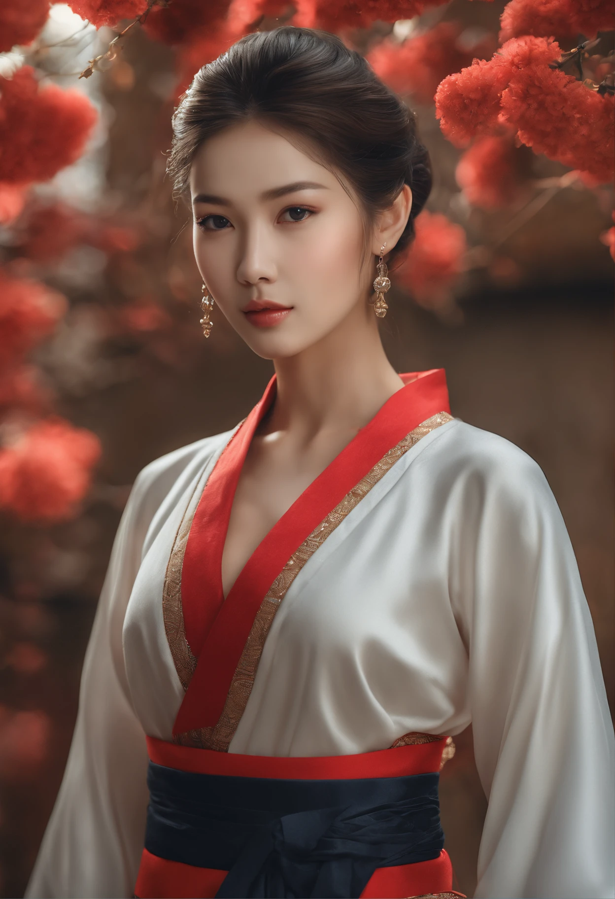 ((portrait, full-body, full-shot)),(best quality,4k,8k,highres,masterpiece:1.2),ultra-detailed,(realistic,photorealistic,photo-realistic:1.37),(1girl russian),(25-yo),(sharp focus:1.5),tanned skin,(skin pores:1.1),extremely detailed face and skin texture,(skin texture:1.1),black hair,tall and slender body,(192cm tall),thin and delicate figure,graceful posture,strong and defined muscles,flawless skin,defined abs,perfect curves,feminine appearance,beautiful long legs,embodying elegance and beauty,small breasts,((wearing a (red) Kimono)),(ultra-short dress),natural colors,extremely detailed and realistic clothes,(colorful),(film grain:1.3),(Beautiful and aesthetic:1.2),(fractal art:1.2),Colorful,highest details,(rectangle:1.2),(Dynamic gesture),(abstract backgrounds:1.5),(shift dresses:1.2),(many color:1.4).