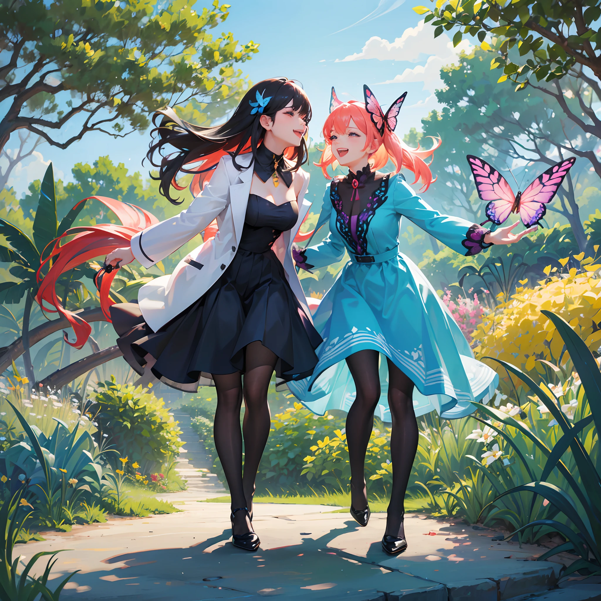closeup of a group of sexy busty girlfriends having fun, 1 guy among them, colourful fantasy island garden, otherworldly trees, colourful skies, playful mood, joyful activities, busy setting, vibrant scene, joy, fun, otherworldly charm, colorful butterflies flying around